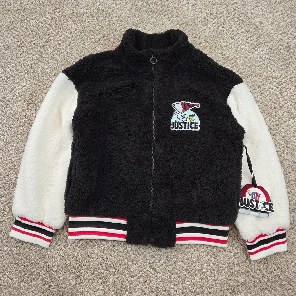 NEW Justice x Snoopy Girls Sherpa Jacket Black Full Zip Faux Fur S (7/8)